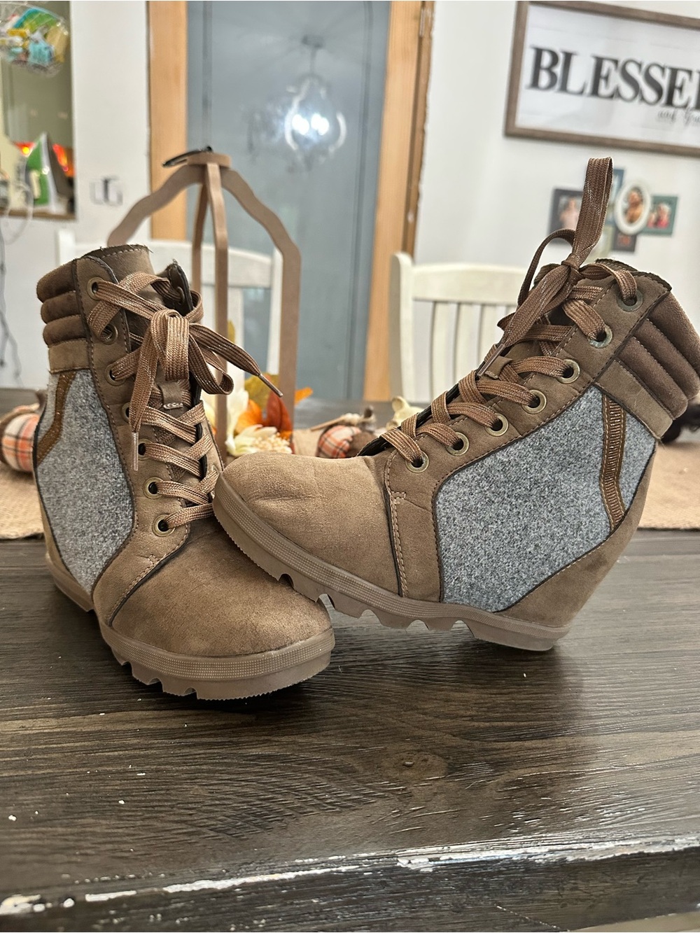 Women's Light Brown Wedge Ankle Boots with Gray Side Panels